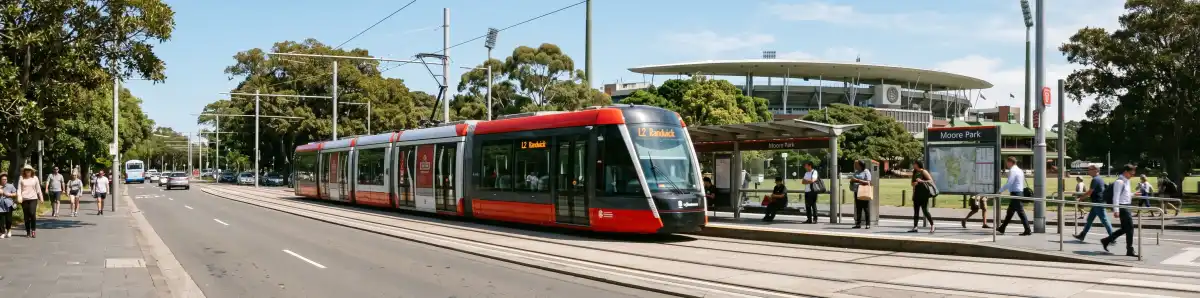 Sydney Light Rail at Moore Park stop with a modern Alstom tram and the SCG stands visible behind Moore Park trees