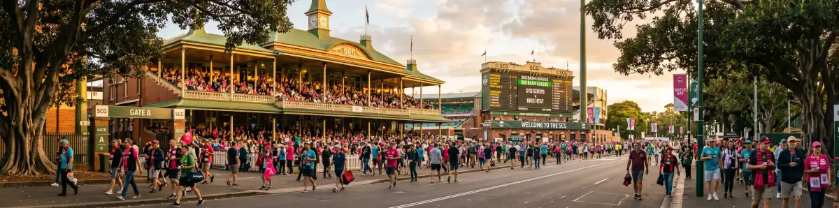 Sydney Cricket Ground exterior at golden hour with fans walking along Driver Avenue toward the gates and Moreton Bay fig trees framing the heritage stands