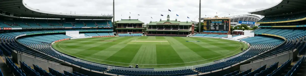 View inside the Sydney Cricket Ground looking across the famous pitch from the Noble Stand with the historic scoreboard and Members Pavilion