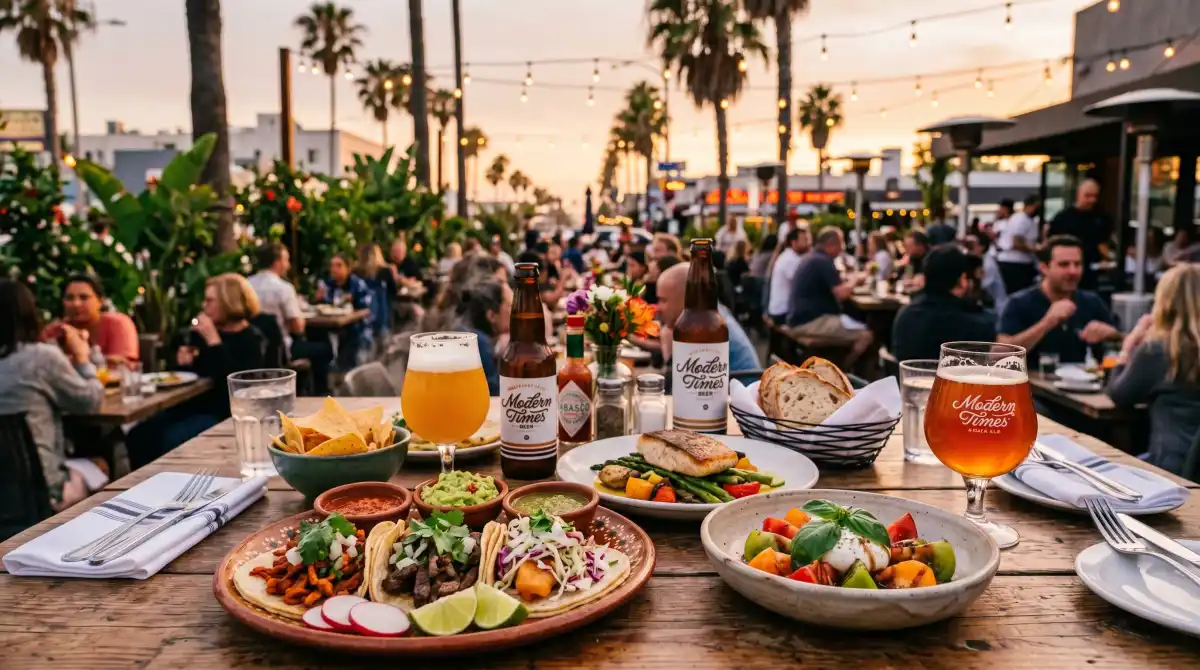 Los Angeles dining scene with tacos, craft beer, and California cuisine on a restaurant patio