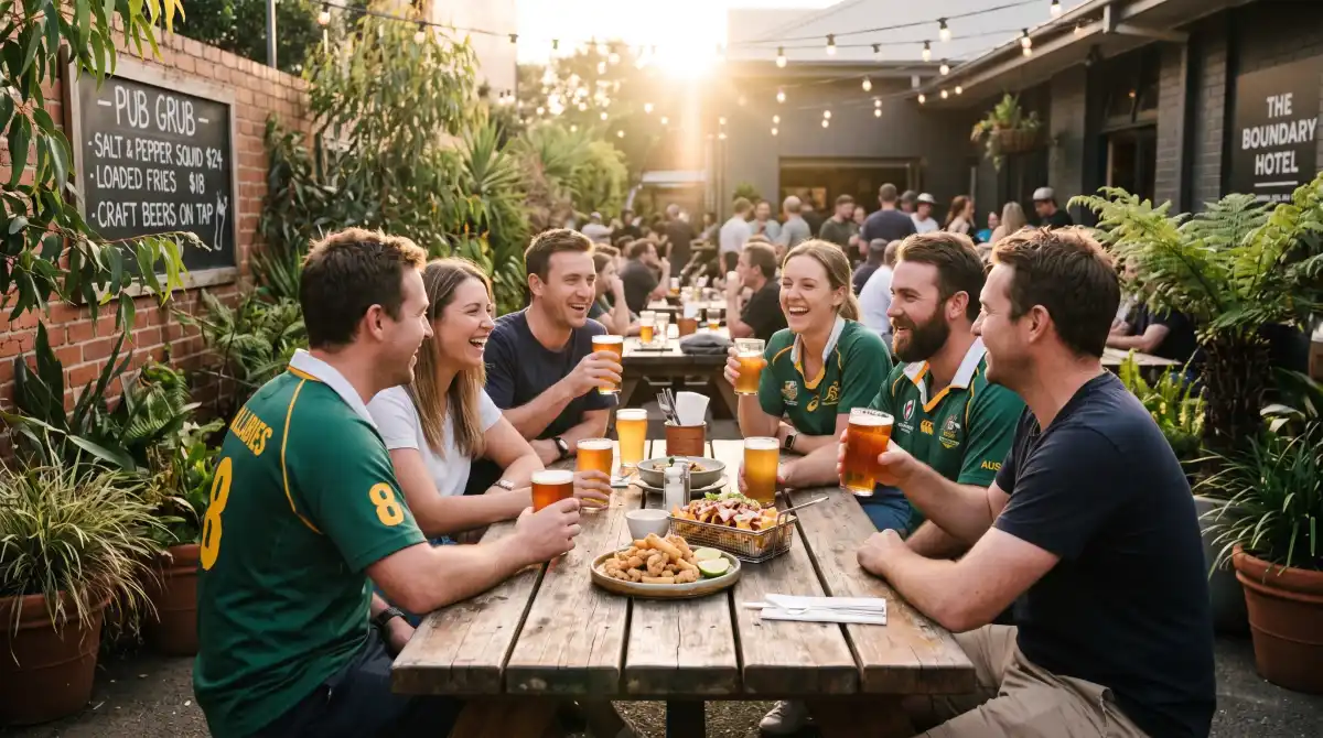 Friends enjoying cold beers and pub food at a tropical Darwin beer garden before a game at TIO Stadium