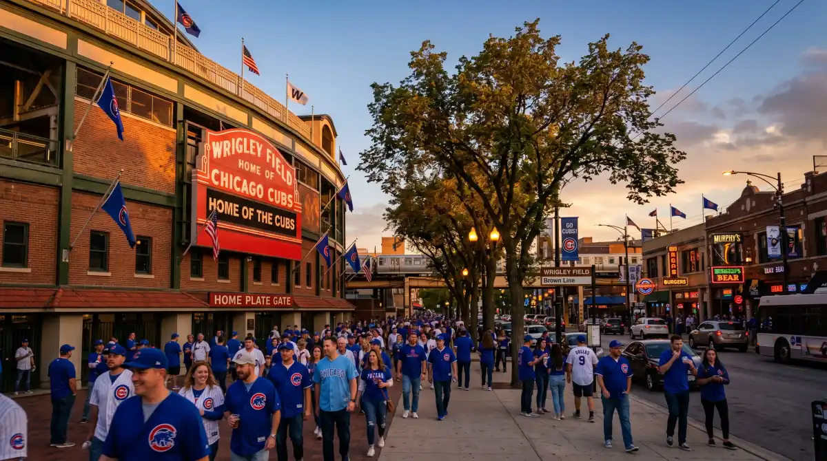 Wrigley Field exterior with the iconic marquee sign at golden hour, fans walking along Addison Street in Wrigleyville