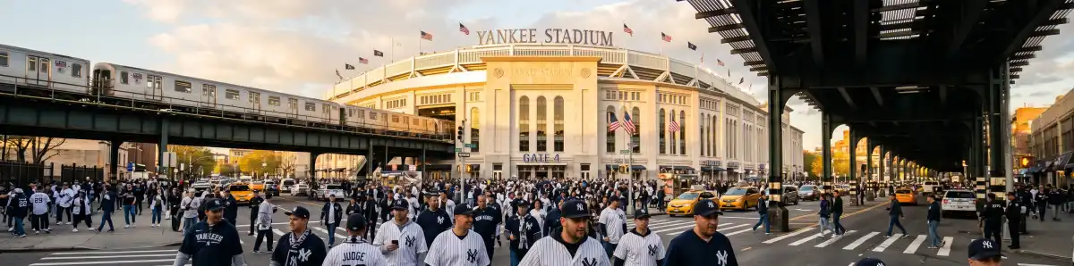 Yankee Stadium in the Bronx at golden hour with fans streaming toward the entrance along East 161st Street